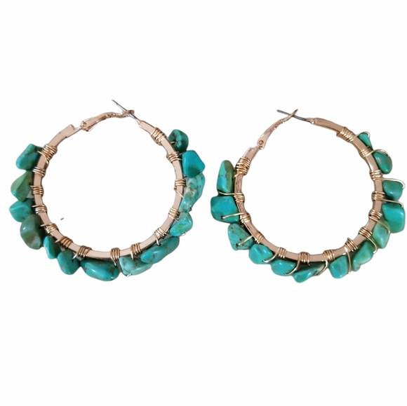 Hand Crafted Boho Turquoise Nugget Wire Wrapped Hoop Earrings - Picture 7 of 14